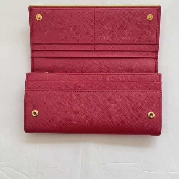 Prada Coral pink/ Peonia gold trim Saffiano leather long wallet - Picture 4 of 13